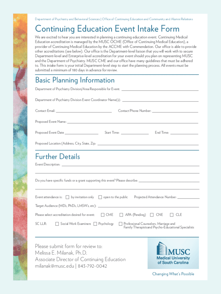Fillable Online Psychiatry Continuing Education Intake Form