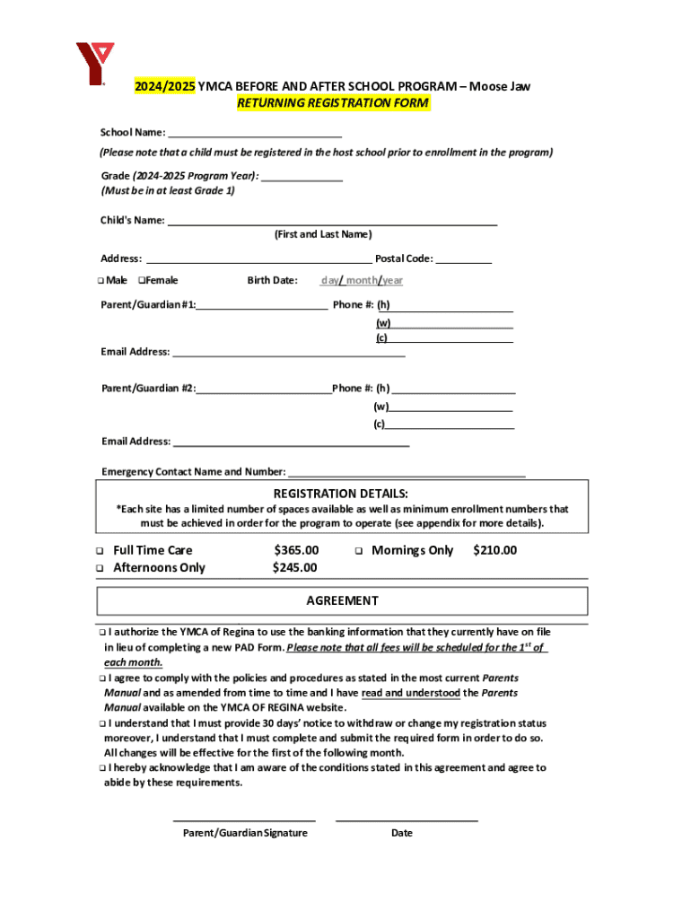Fillable online 2024 2025 ymca before and after school program moose