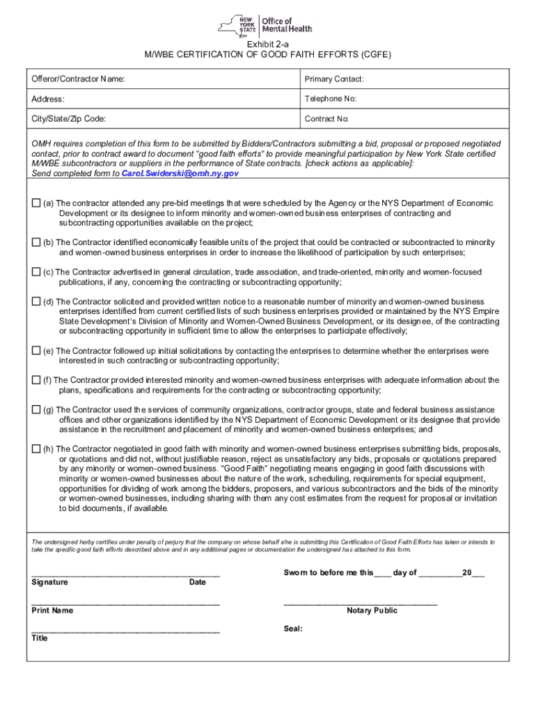 Fillable Online omh ny Exhibit 2-a M/WBE CERTIFICATION OF GOOD FAITH ...