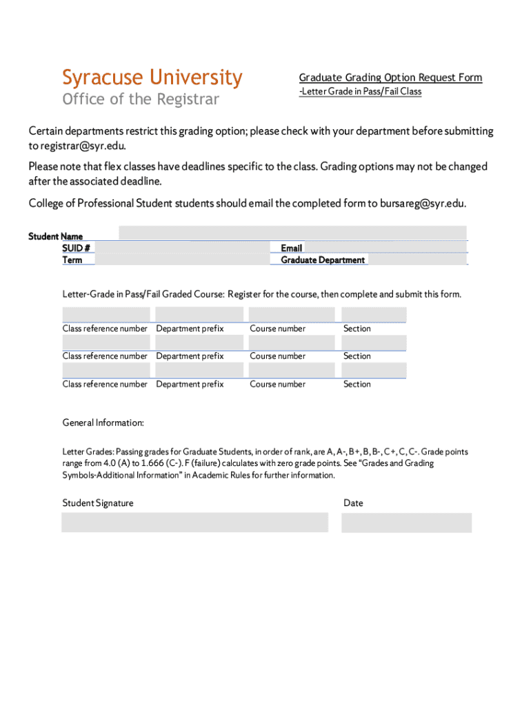 Fillable Online registrar syr Grading Option for Pass Fail Form ...