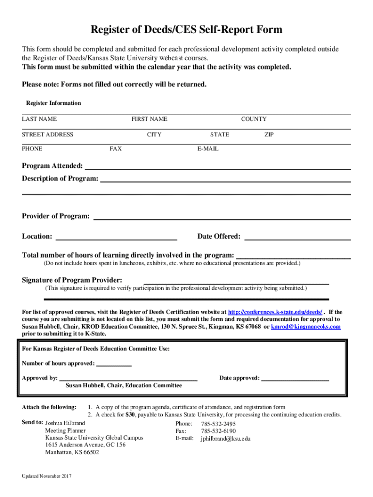 Fillable Online Register of Deeds/CES SelfReport Form CDN Fax Email