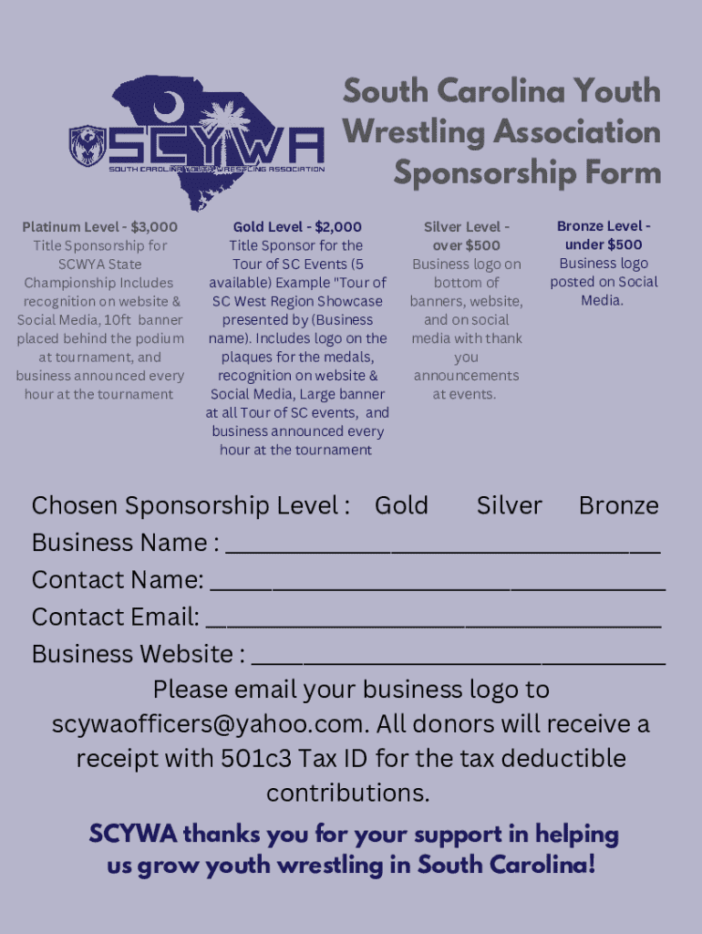 Fillable Online South Carolina Youth Wrestling Association Sponsorship