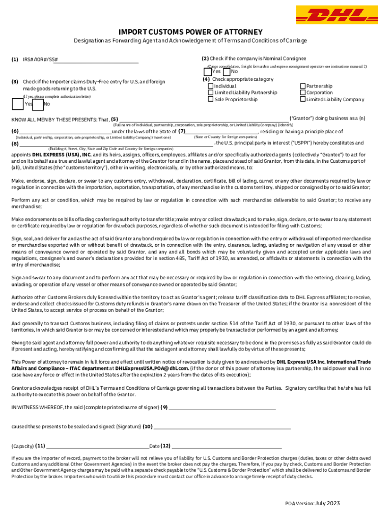 Fillable Online Import Power of Attorney (POA) Instructions Globex