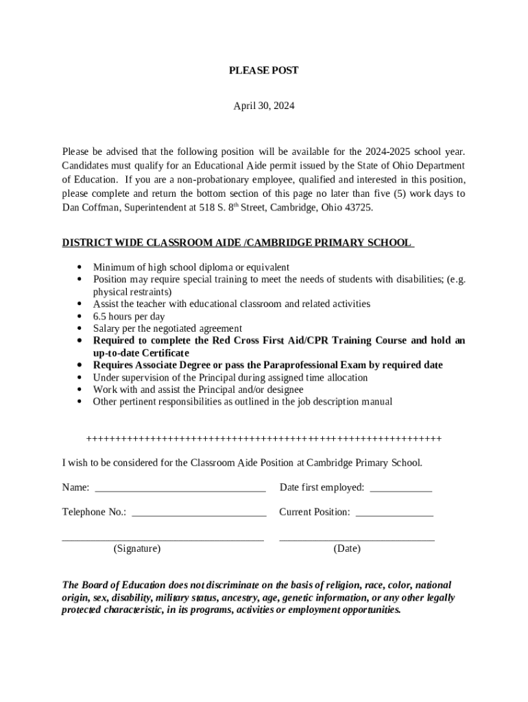 Educational aide application checklist connect suite doc template