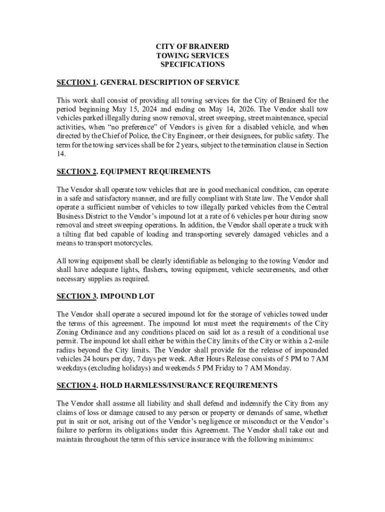 Fillable Online City of Brainerd Contract Towing Specifications and