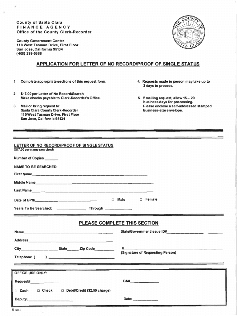 Fillable Online APPLICATION FOR LETTER OF NO RECORD/PROOF OF SINGLE