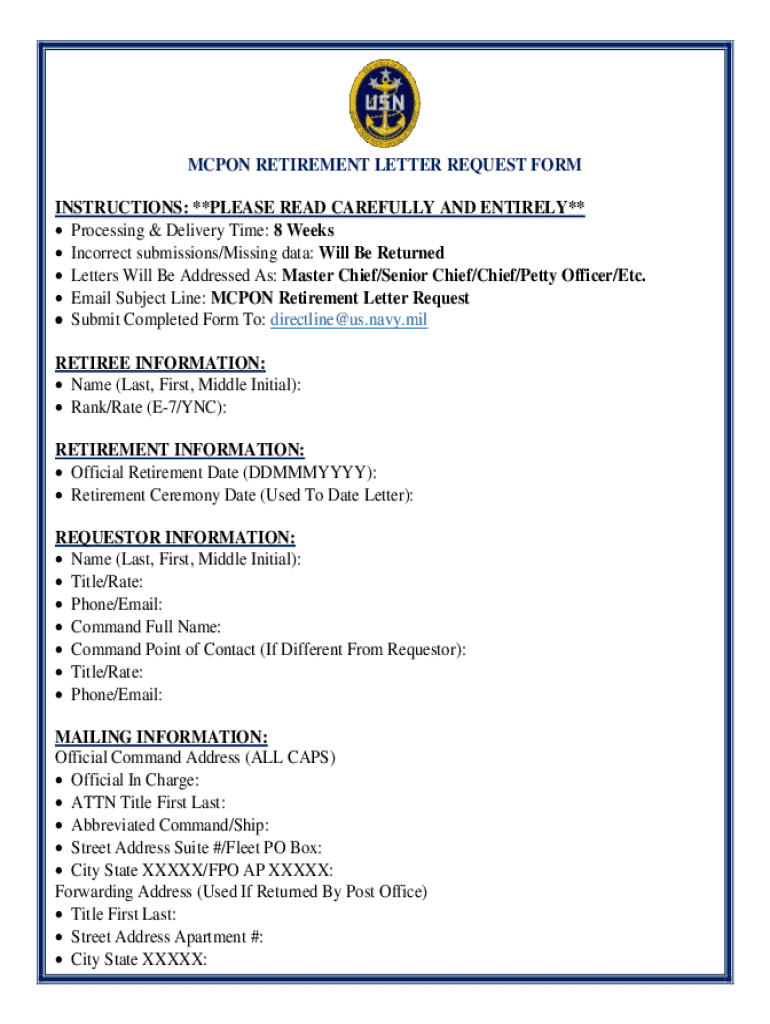 MCPON RETIREMENT LETTER REQUEST FORM INSTRUCTIONS Preview on Page 1