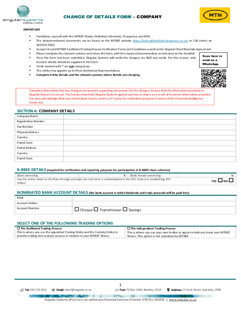 Fillable Online Change Of Details Request Form Mtn Zakhele Futhi Fax