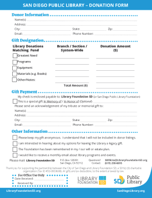 Fillable Online SAN DIEGO PUBLIC LIBRARY DONATION FORM Fax Email Print ...