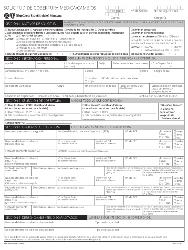 Completable En línea BCBSMT Small Group Enrollment Application/Change Form Spanish. BCBSMT