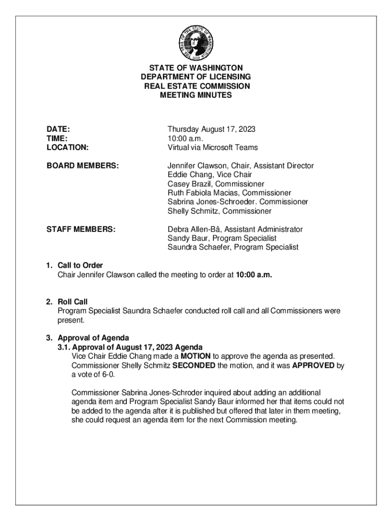 Fillable Online dol wa Washington State Real Estate Commission meeting