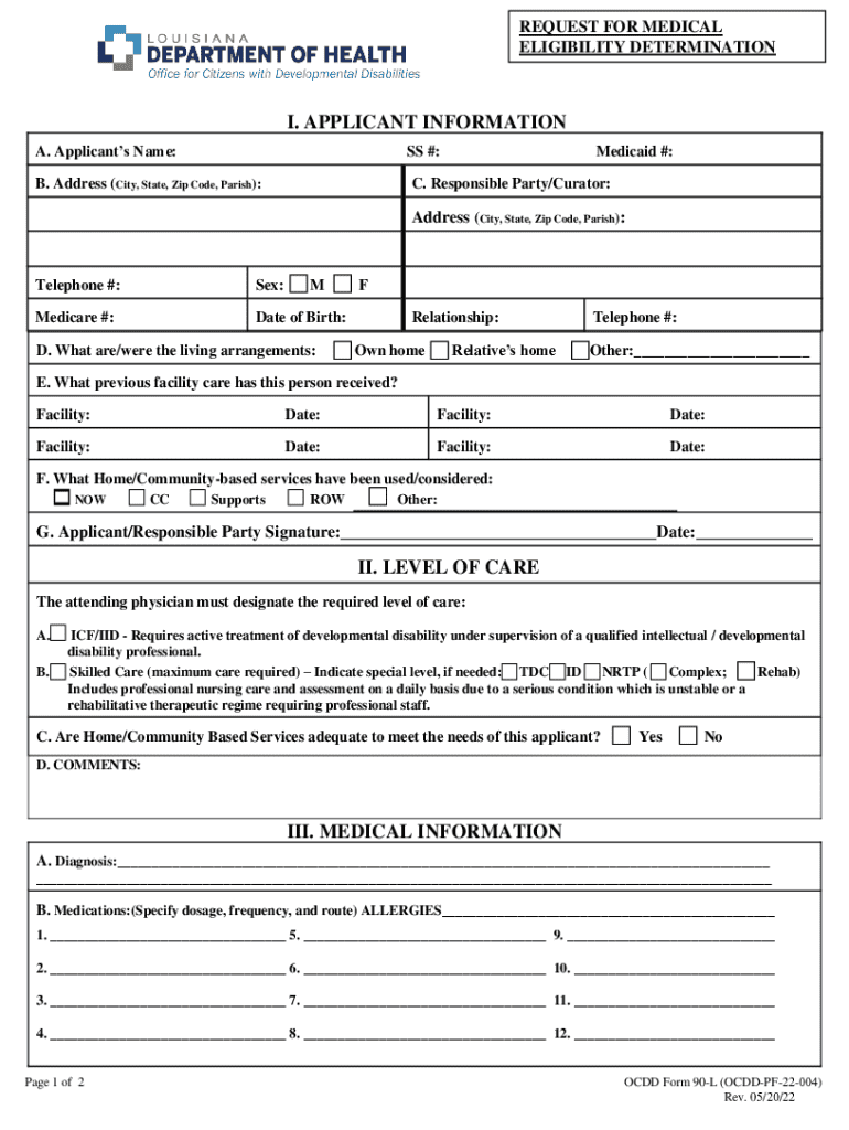 Fillable Online 90LRequest for Medical Eligibility Determination Fax