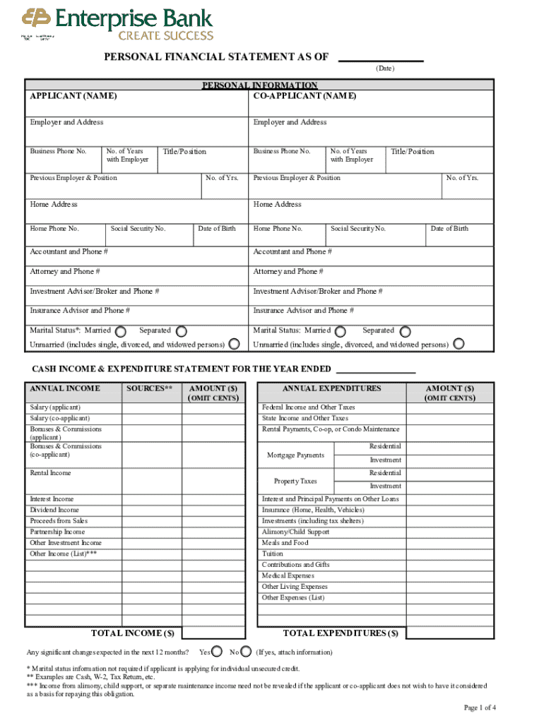 Personal Financial Statement Form Preview on Page 1