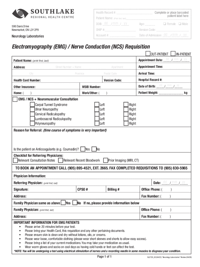 Fillable Online SL2729HIS02 EMG Nerve Conduction Outpatient Requisition ...