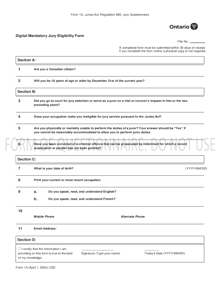 Canadian Jury Eligibility Form Preview on Page 1