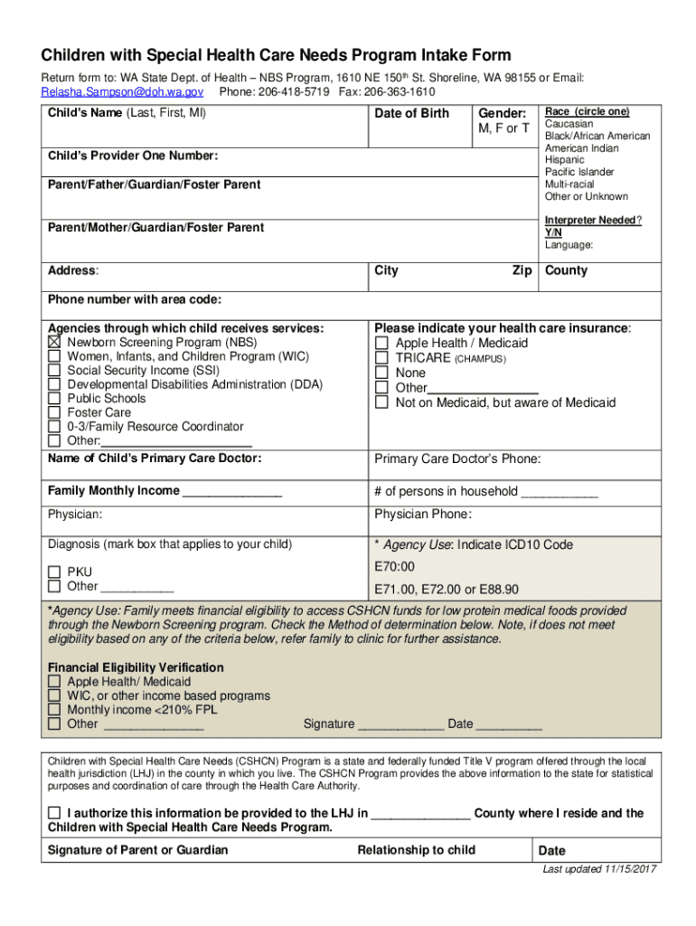 Fillable Online doh wa Children with Special health Care Needs Intake ...