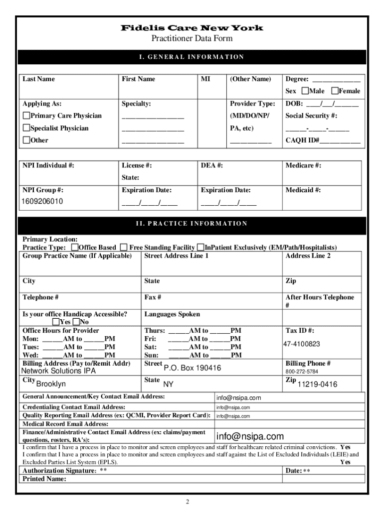 Fidelis Care New York Practitioner Application - NSIPA Preview on Page 1