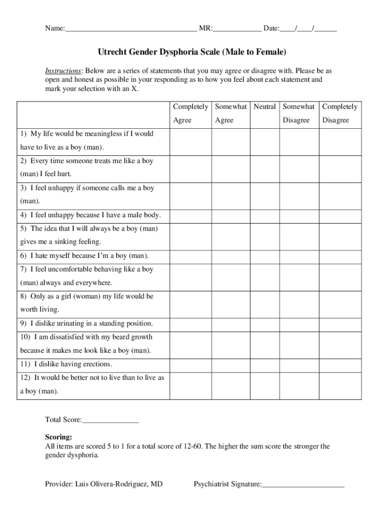 Utrecht Gender Dysphoria Scale (Female to Male) Preview on Page 1