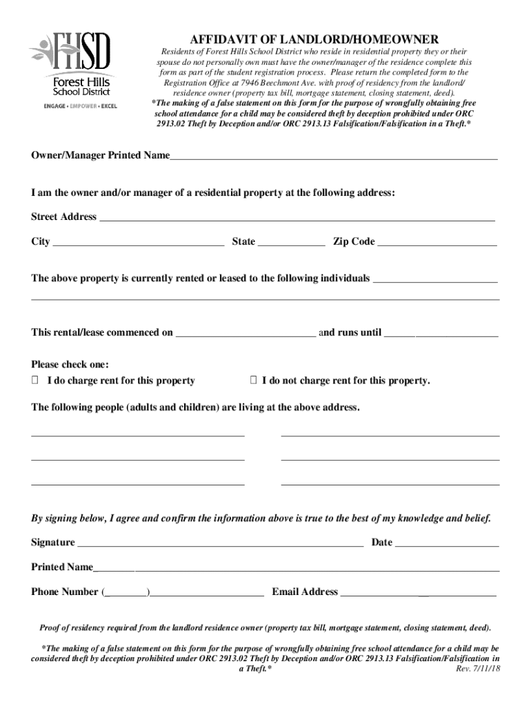 AFFIDAVIT OF LANDLORD HOMEOWNER - Forest Hills School Preview on Page 1