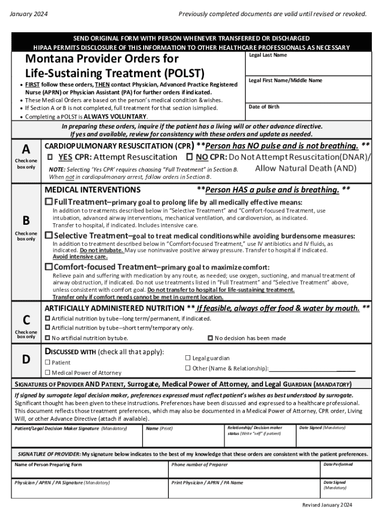 Montana Provider Orders for Life-Sustaining Treatment (POLST) Montana Provider Orders for Life-Susta Preview on Page 1