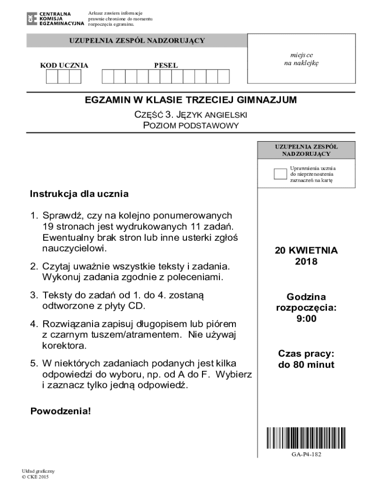 Fillable Online Egzamin w trzeciej klasie gimnazjum z jzyka