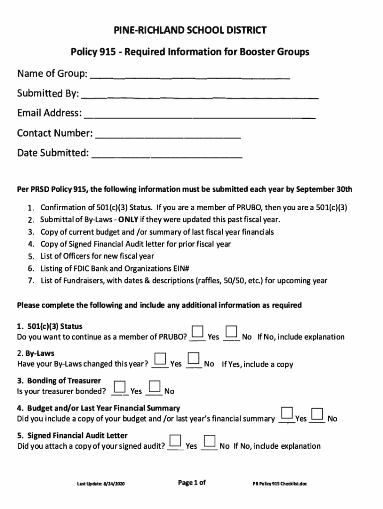 Booster and Parent Organizations Forms Preview on Page 1