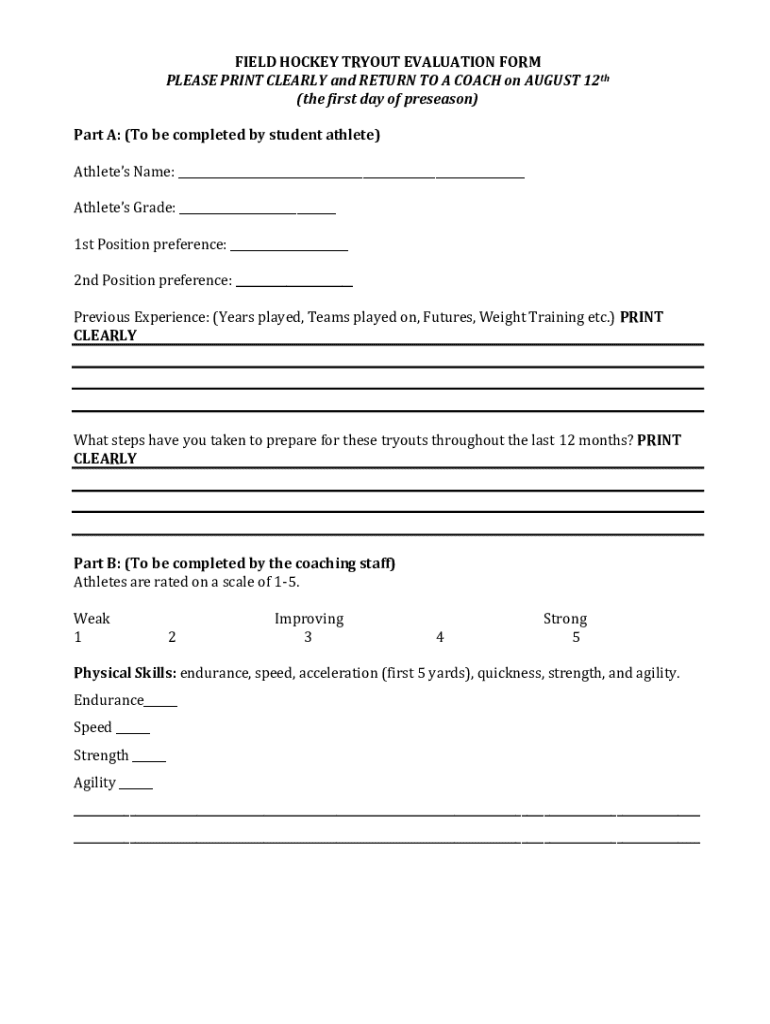 field hockey tryout rubric Doc Template Preview on Page 1