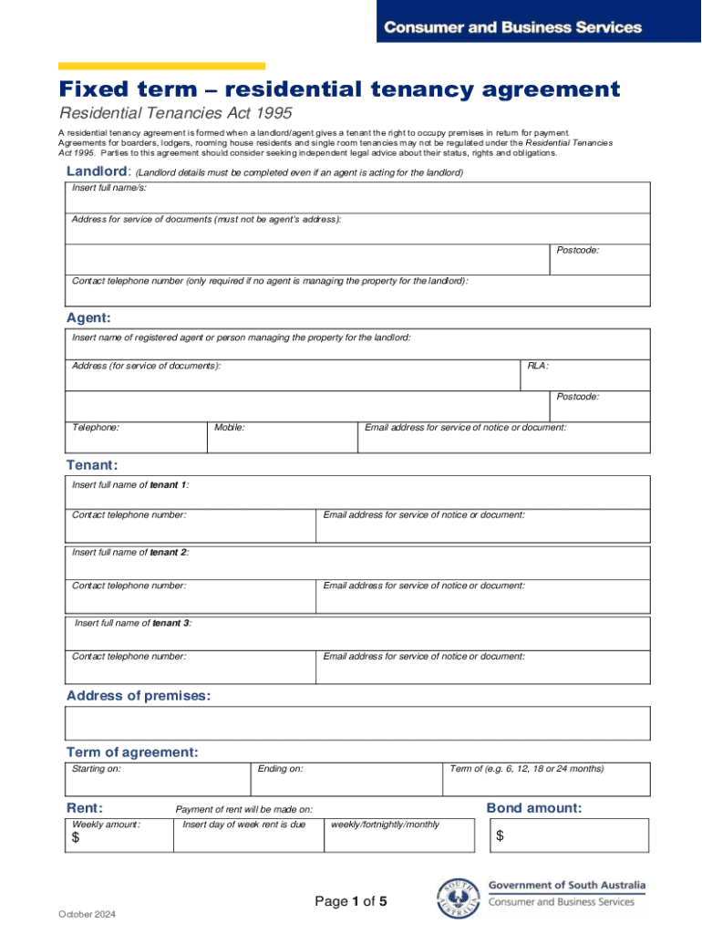 Fixed Term Residential Tenancy Agreement Preview on Page 1