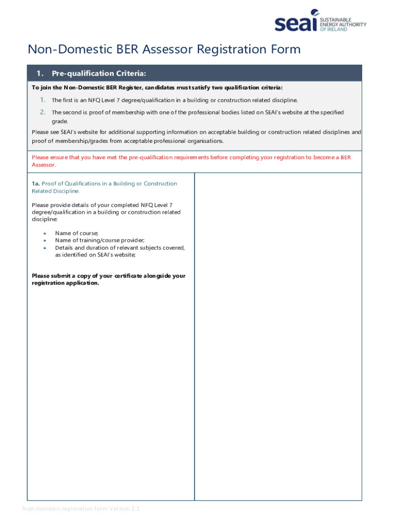 Non-Domestic BER Assessor Registration Form Preview on Page 1