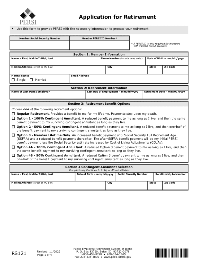 Fillable Online persi idaho Persi rs121 fillable form Fax Preview on Page 1