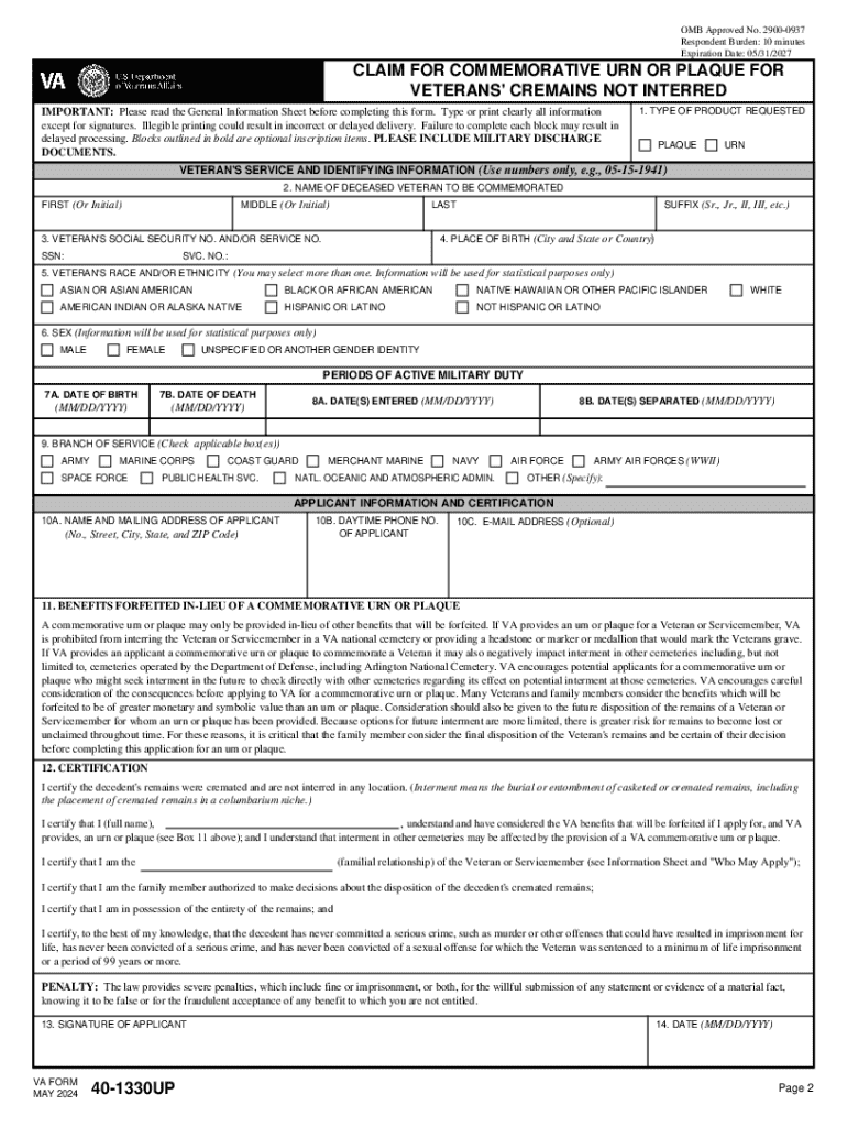 VA Form 40-1330UP CLAIM FOR COMMEMORATIVE URN OR PLAQUE FOR VETERANS' CREMAINS NOT INTERRED Preview on Page 1
