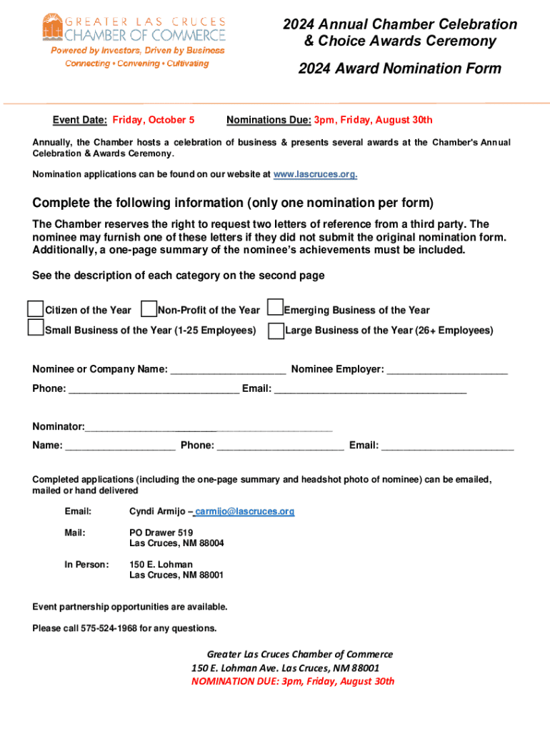 Fillable Online 2024AnnualChamberCelebrationNominationForm