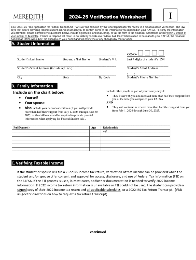 Fillable Online 2425 Verification Worksheet Independent. 2425 Verification Worksheet