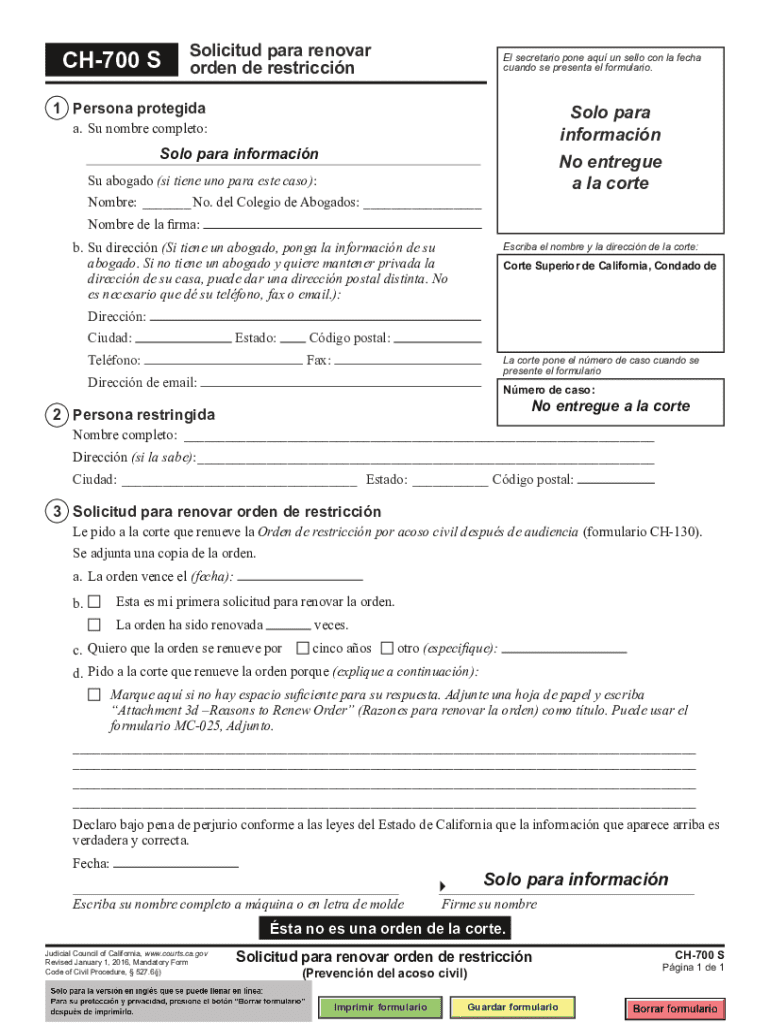 Solicitud para renovar orden de restriccin Judicial Council forms Preview on Page 1