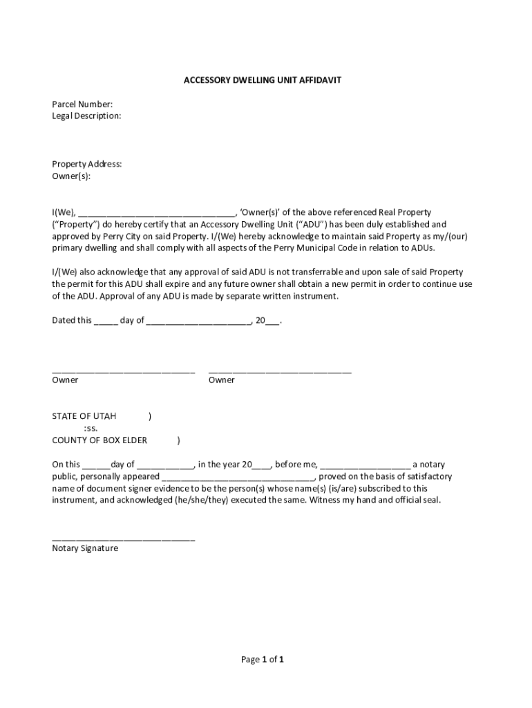 Fillable Online of 1 ACCESSORY DWELLING UNIT AFFIDAVIT Parcel ... Fax ...