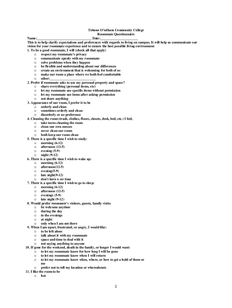Fillable Online College Roommate Questionnaire: Finding the Best Match Fax Email Print - pdfFiller