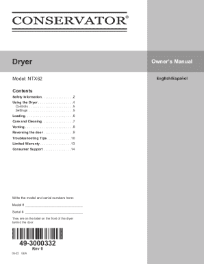 Conservator ntx62 gas dryer owner's manual