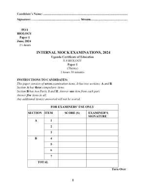 Biology Paper 1, June 2024 - Internal Mock Examinations Internal Mock Examinations, 2024 - Uganda Certificate of Education - S.4 BIOLOGY - Paper 1
