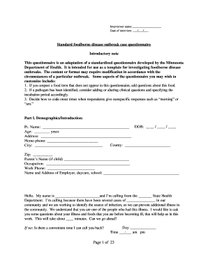 Foodborne Disease Outbreak Case Questionnaire