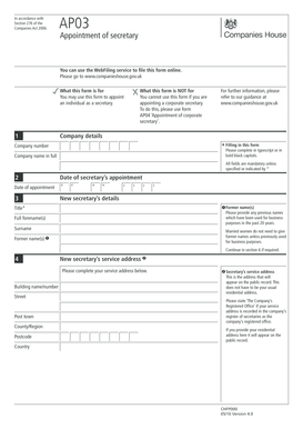 UK AP03 Appointment of Secretary Form