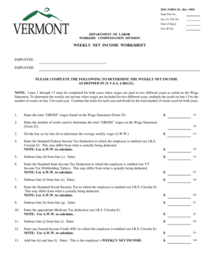 Workers Compensation Weekly Net Income Worksheet