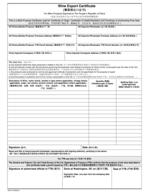 Wine Export Certificate to China