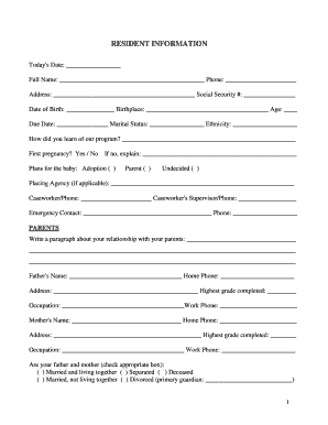 Pregnancy Resident Information Form