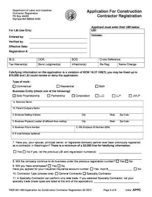 Washington Construction Contractor Registration Application