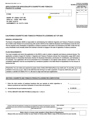 California Wholesaler's Cigarette and Tobacco Products License Application