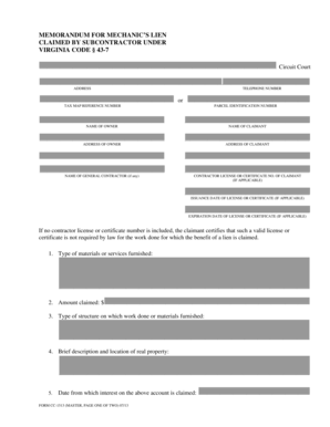 Virginia Mechanic's Lien Claim Form
