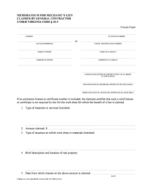Virginia Mechanic's Lien Claim Form