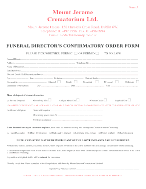 Funeral Director Confirmatory Order Form