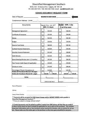 Condo Document Request form - Diversified Management Southern