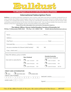 Devon Cattle Breeders' Society International Subscription Form